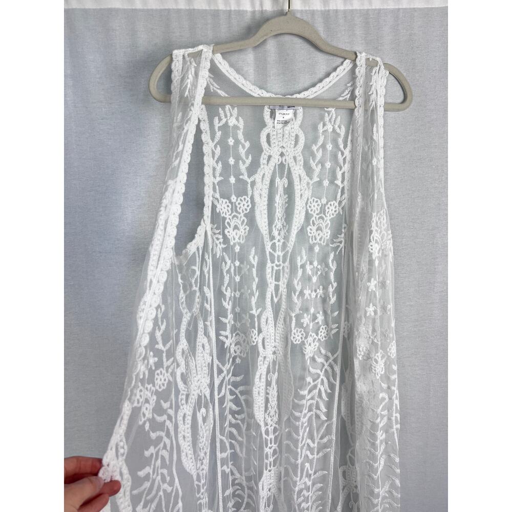 Boho Kimono Top White Lace Crochet Sheer Sleeveless Long Cover Up Boho Festival